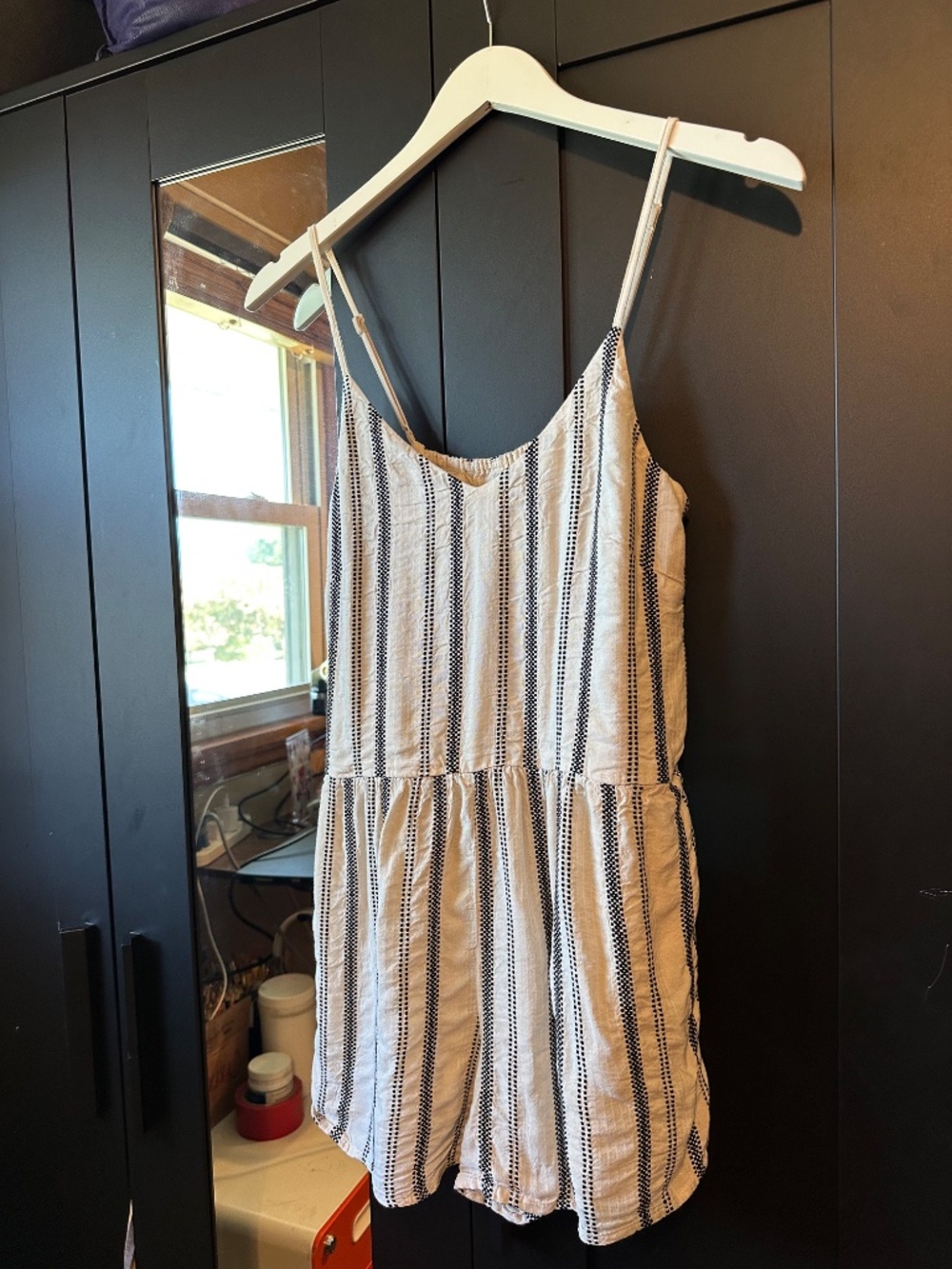 LOFT Striped Cami Romper Size S Cream Black Adjustable Strap Resort